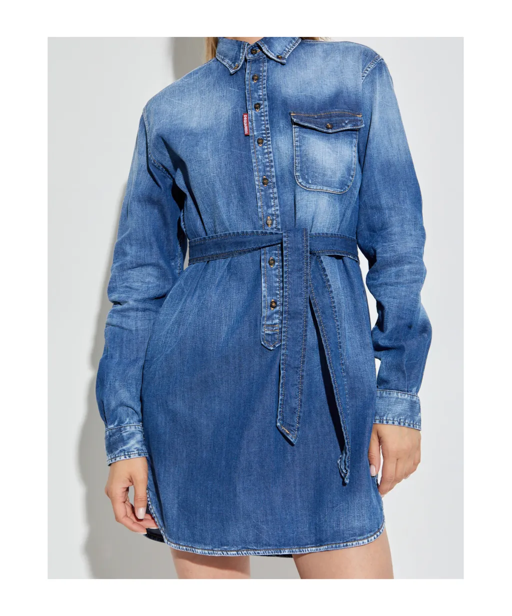 Button-Fastening Denim Mini Dress
