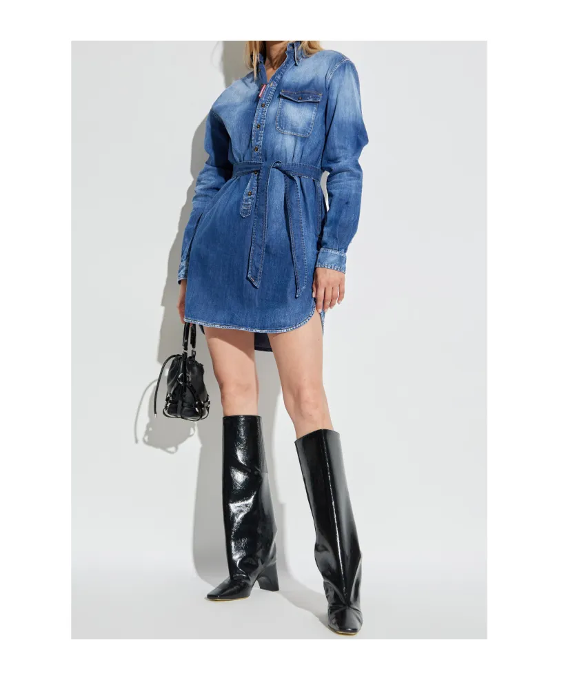 Button-Fastening Denim Mini Dress