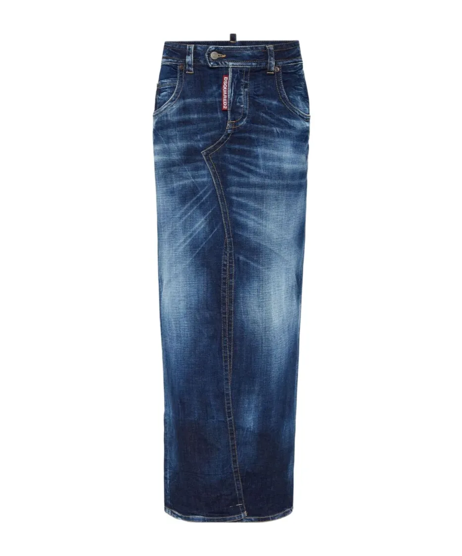 Medium Wash Front Split Jean Skirt