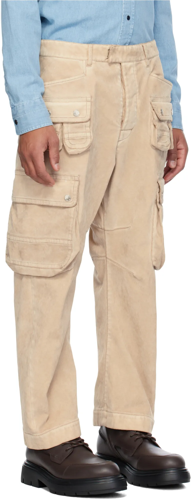 Faded-Effect Multi-Pocket Cargo Trousers