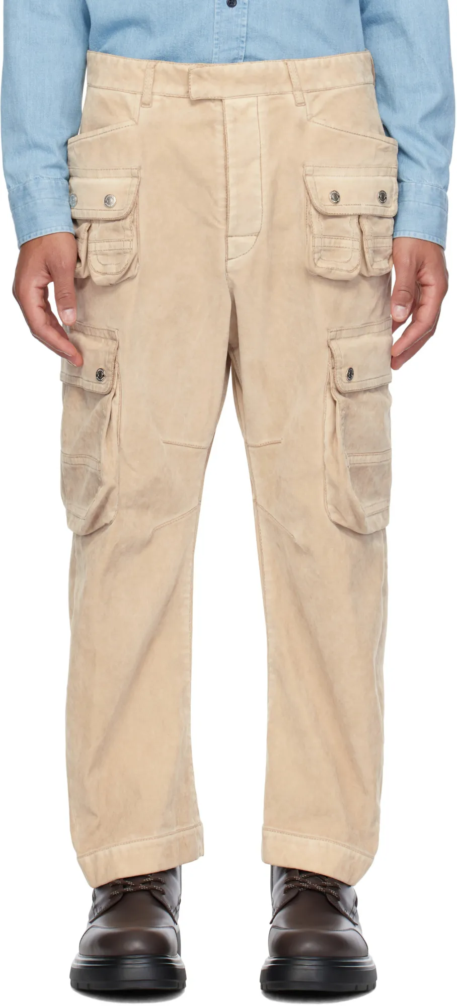 Faded-Effect Multi-Pocket Cargo Trousers