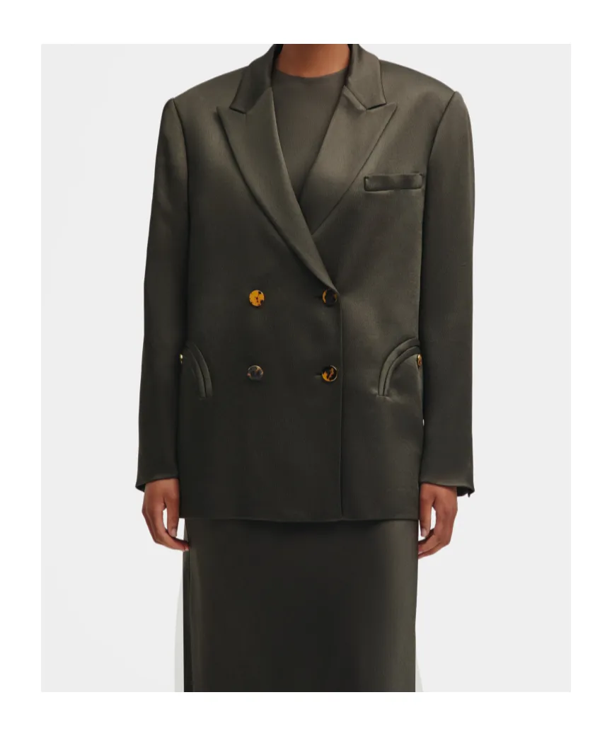 Oversized Double-Breasted Dark Forest Green Satin Blazer