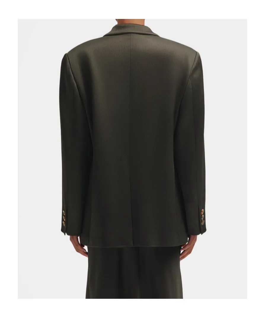 Oversized Double-Breasted Dark Forest Green Satin Blazer