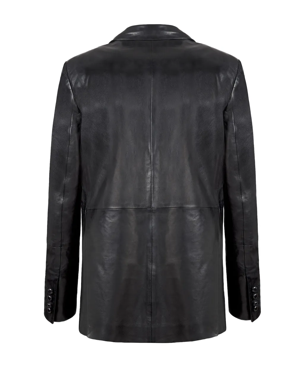 Double-Breasted Oversize Black Leather Blazer