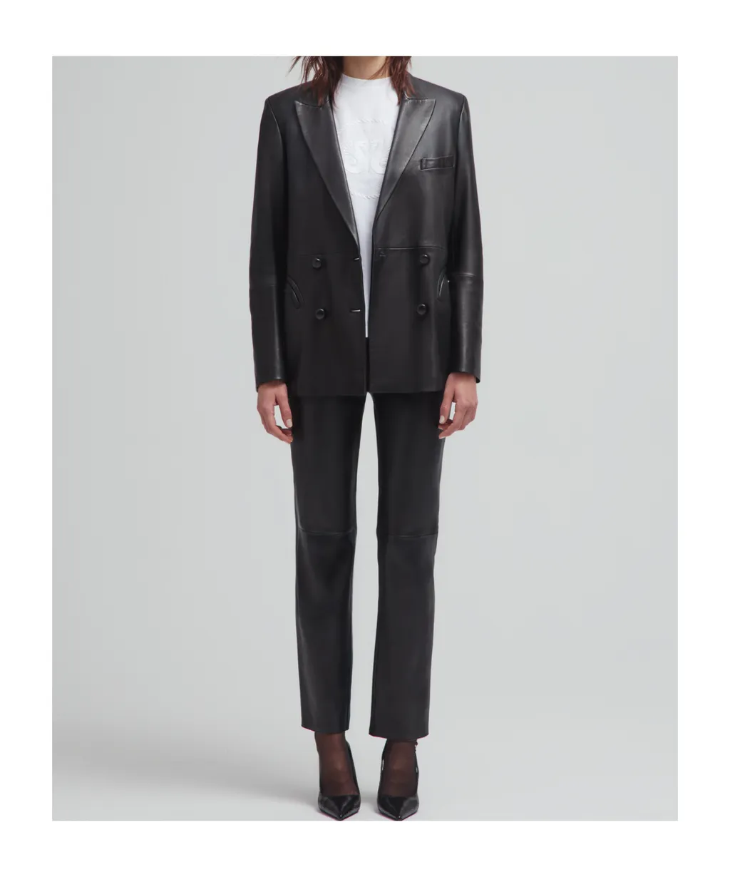 Double-Breasted Oversize Black Leather Blazer
