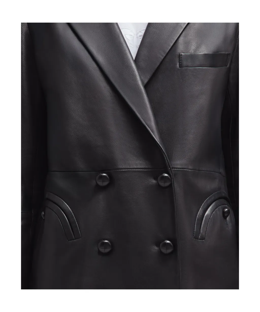 Double-Breasted Oversize Black Leather Blazer