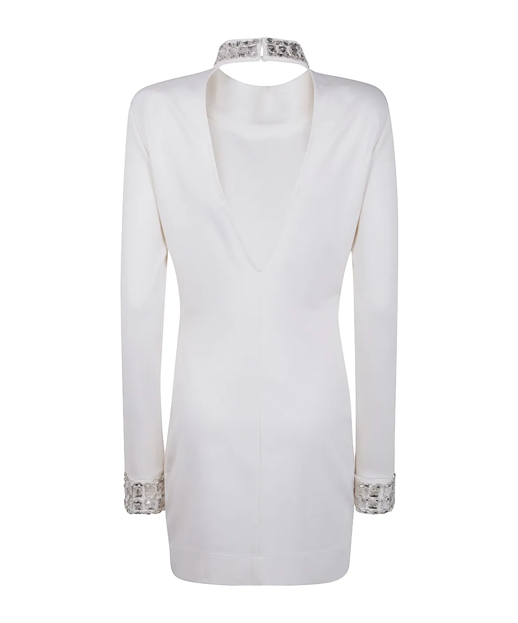 Crystal-Embellished Mock-Neck Mini Dress