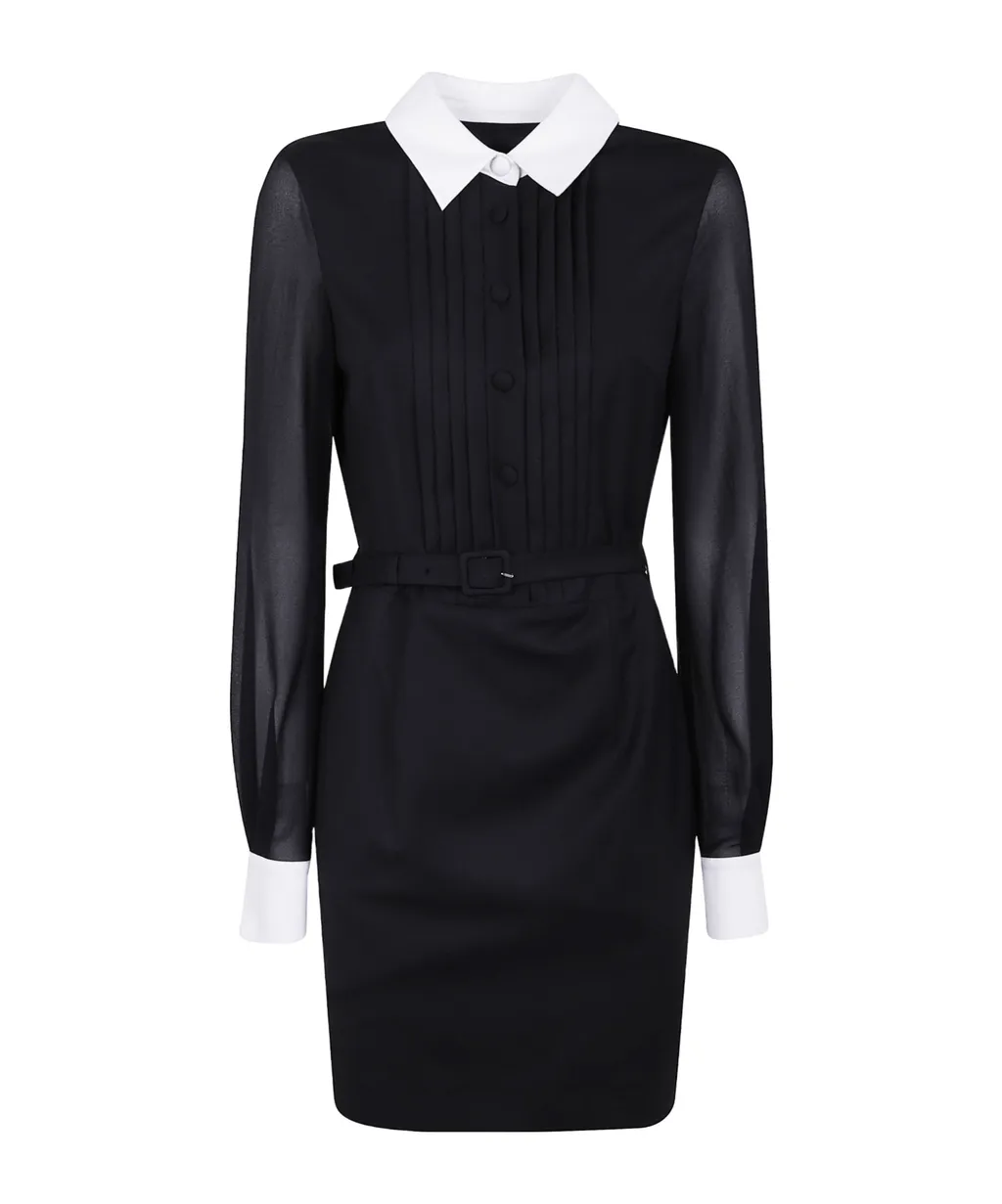 Pleated-Front Collared Belted Day Dress