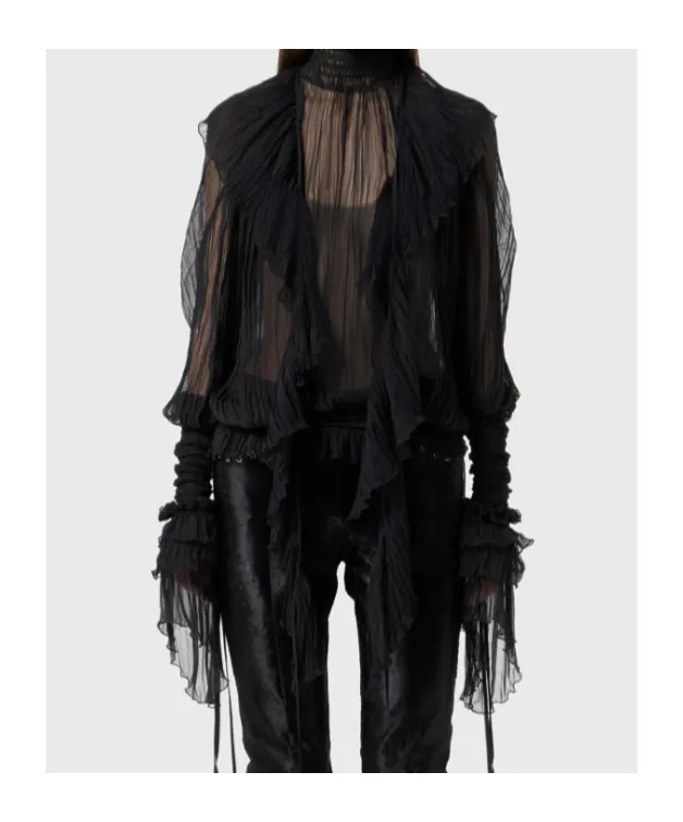 High-Neck Pleated Fringed-Detail Blouse