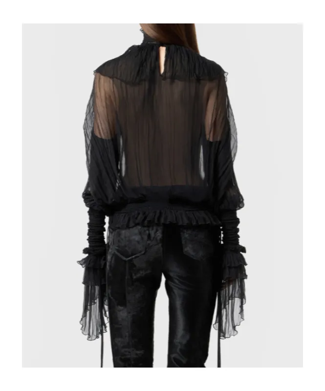 High-Neck Pleated Fringed-Detail Blouse