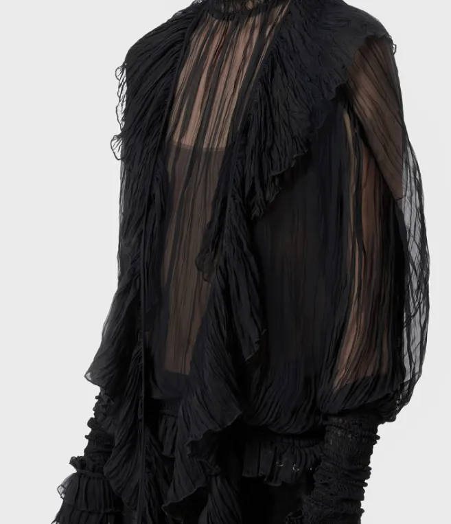 High-Neck Pleated Fringed-Detail Blouse