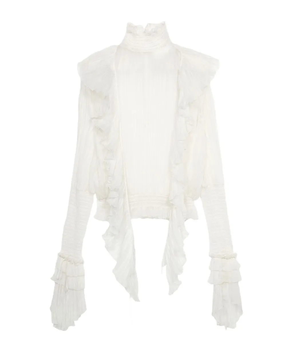 High-Neck Pleated Fringed-Detail Blouse
