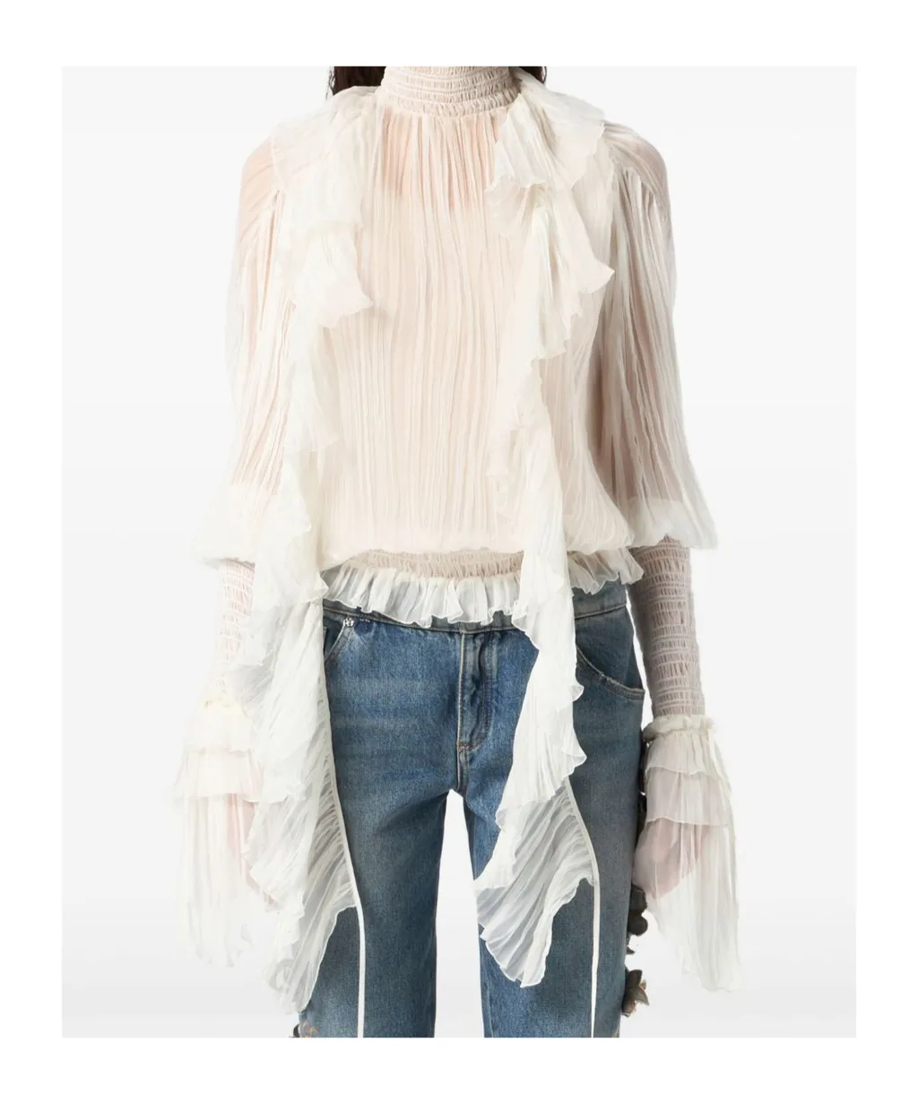 High-Neck Pleated Fringed-Detail Blouse