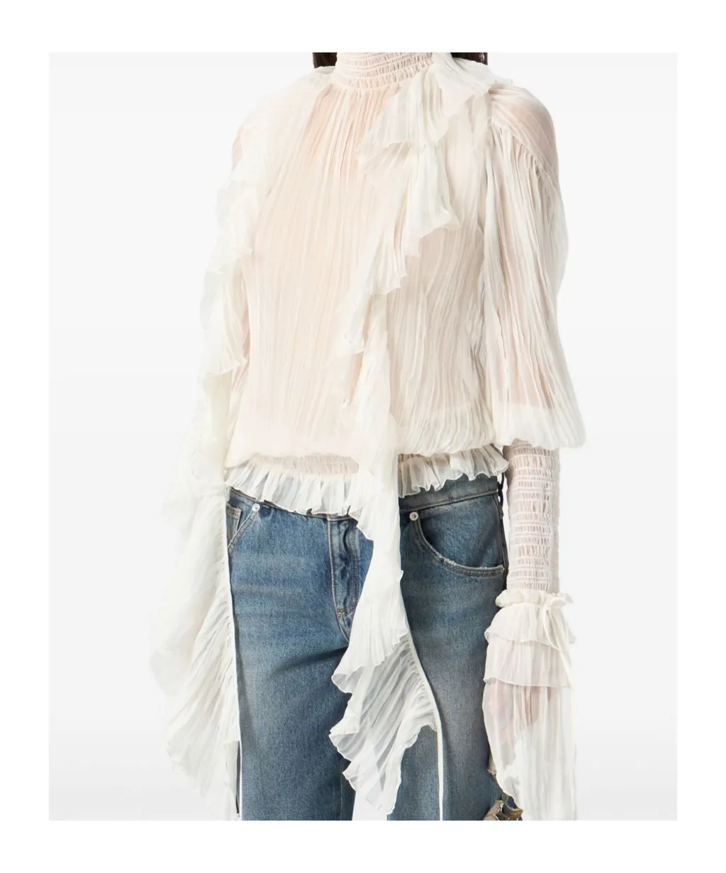 High-Neck Pleated Fringed-Detail Blouse