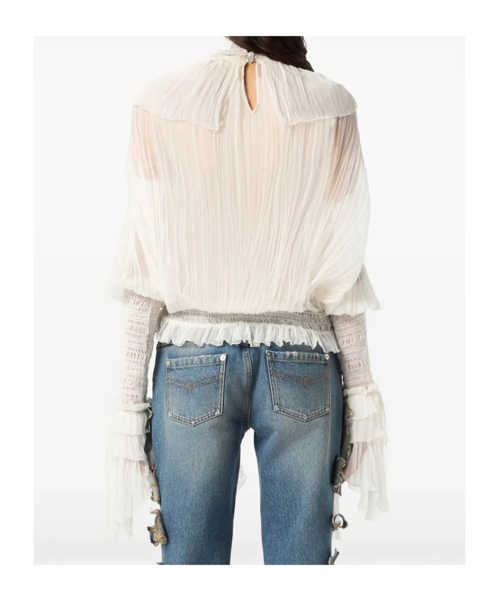 High-Neck Pleated Fringed-Detail Blouse