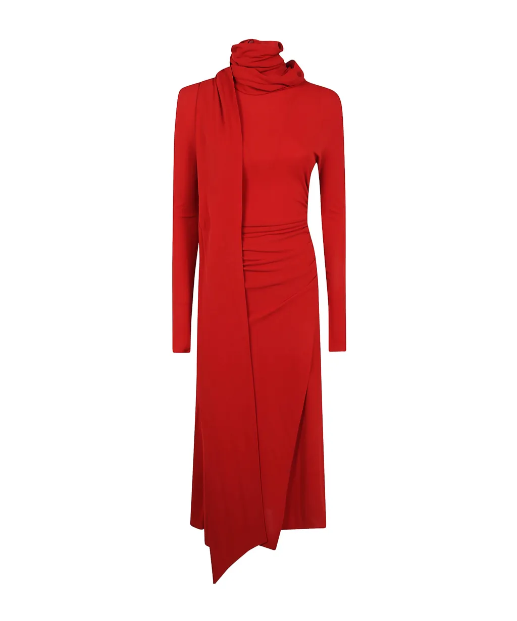 High-Neck Scarf Detailed Draped Midi Dress