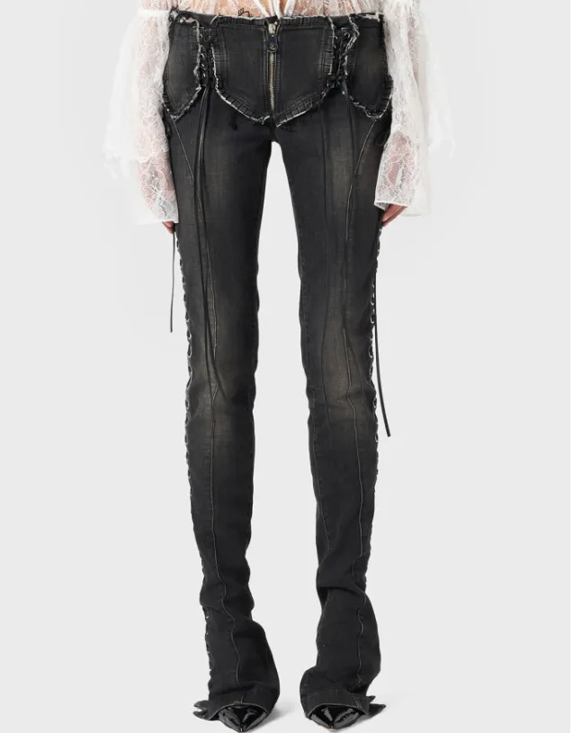 Lace-Up Detailed Fringed Jeans