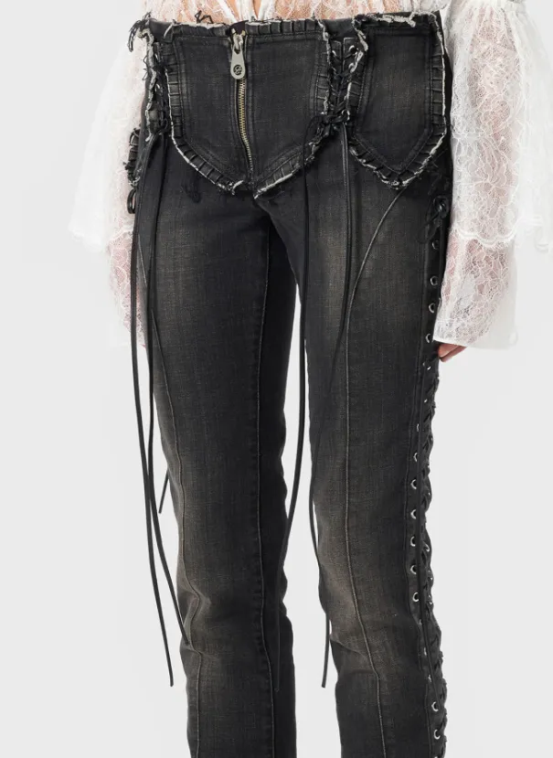 Lace-Up Detailed Fringed Jeans