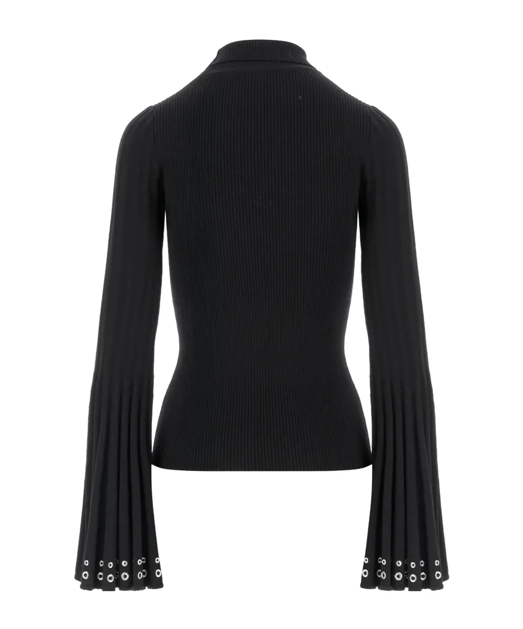 Eyelet Detailed Mock-Neck Ribbed Top