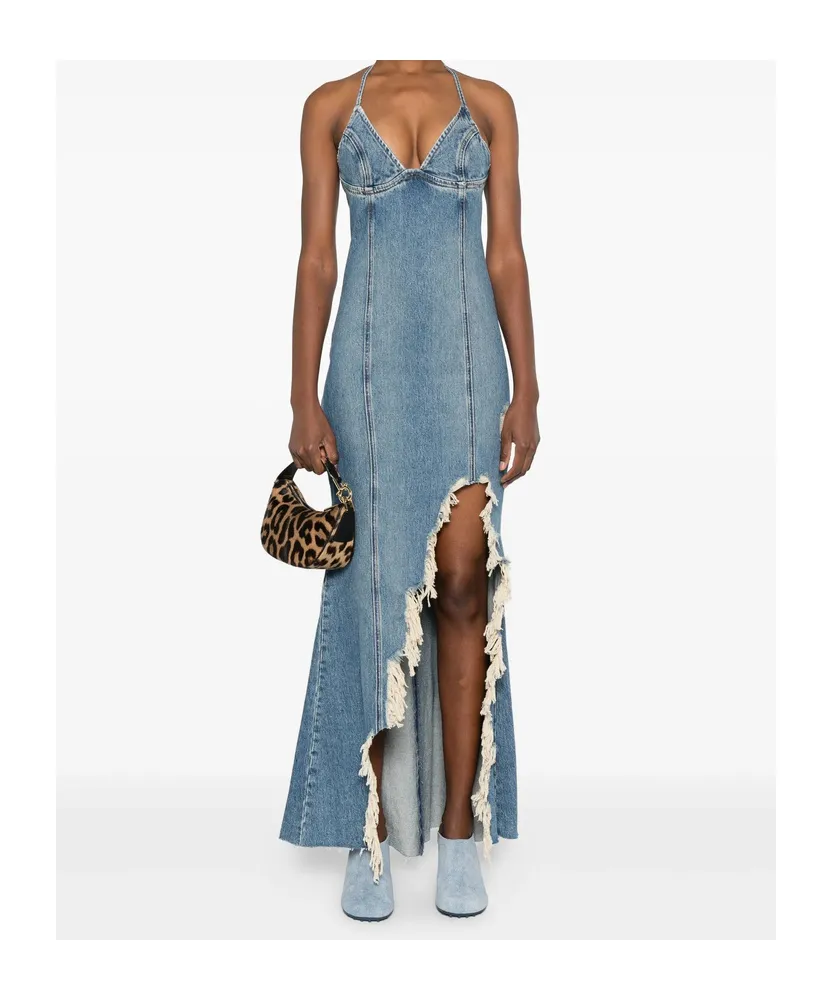 Halter-Neck Frayed-Hem Denim Dress
