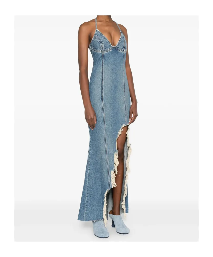 Halter-Neck Frayed-Hem Denim Dress