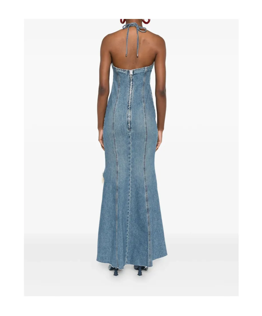 Halter-Neck Frayed-Hem Denim Dress