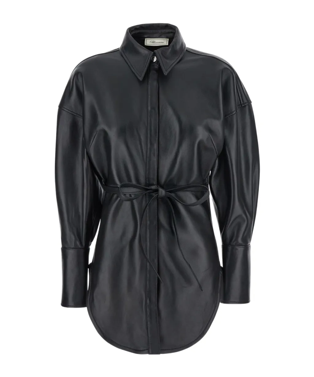 Tied-Waist Long Sleeved Leather Shirt