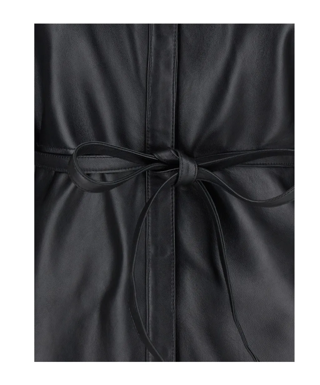 Tied-Waist Long Sleeved Leather Shirt