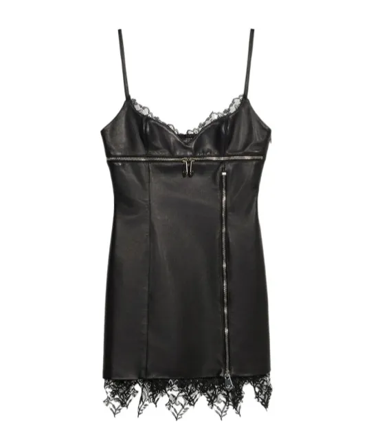 Lace-Trimmed Leather Dress