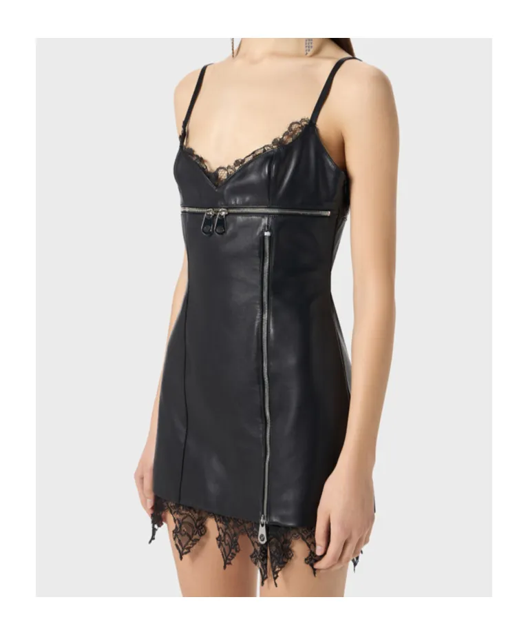Lace-Trimmed Leather Dress