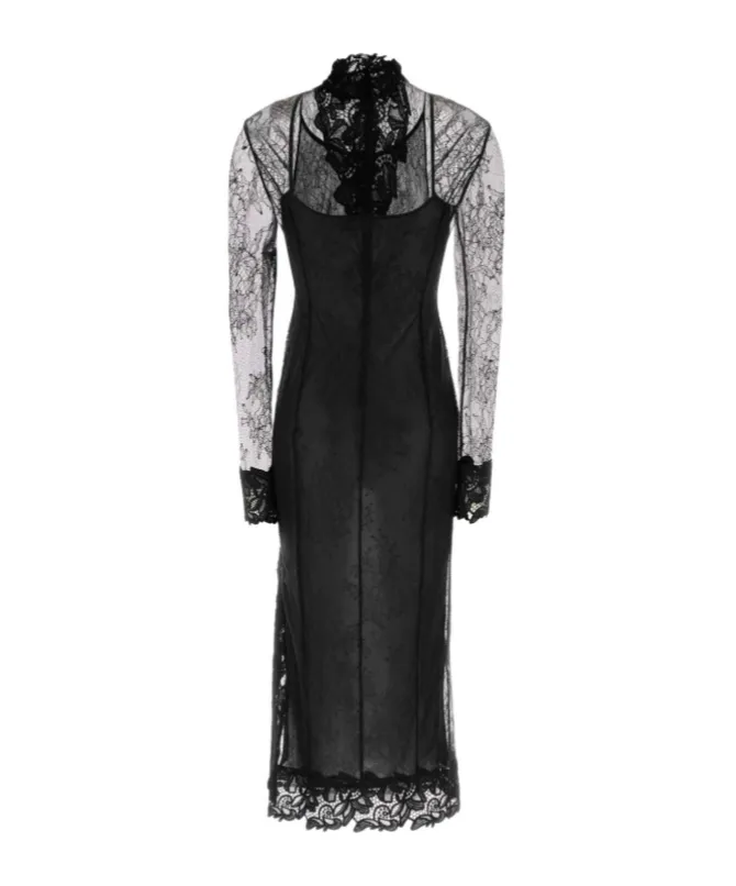 Long Sleeved Lace Mock-Neck Midi Dress