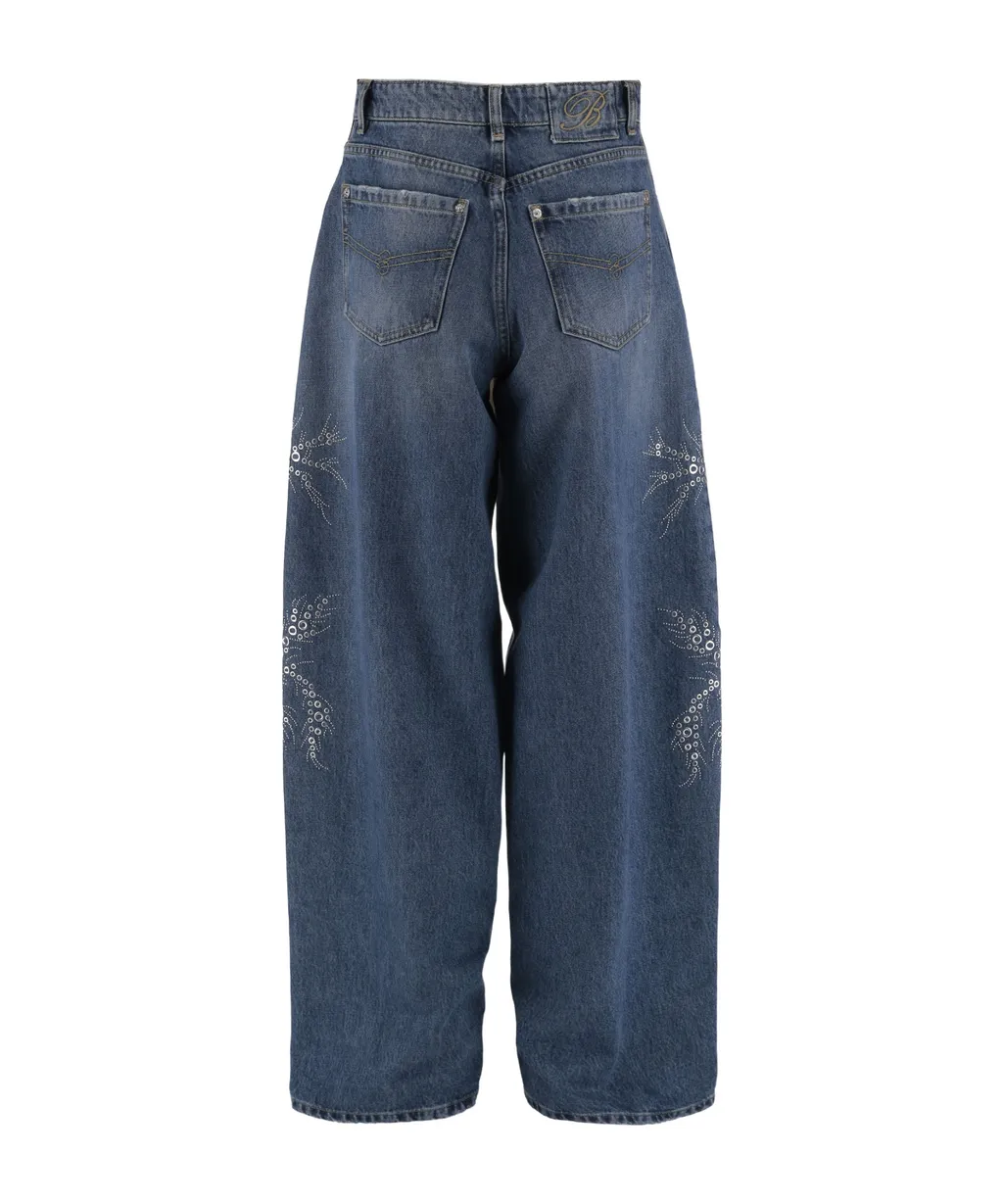Wide-Leg Embellished Distressed Jeans
