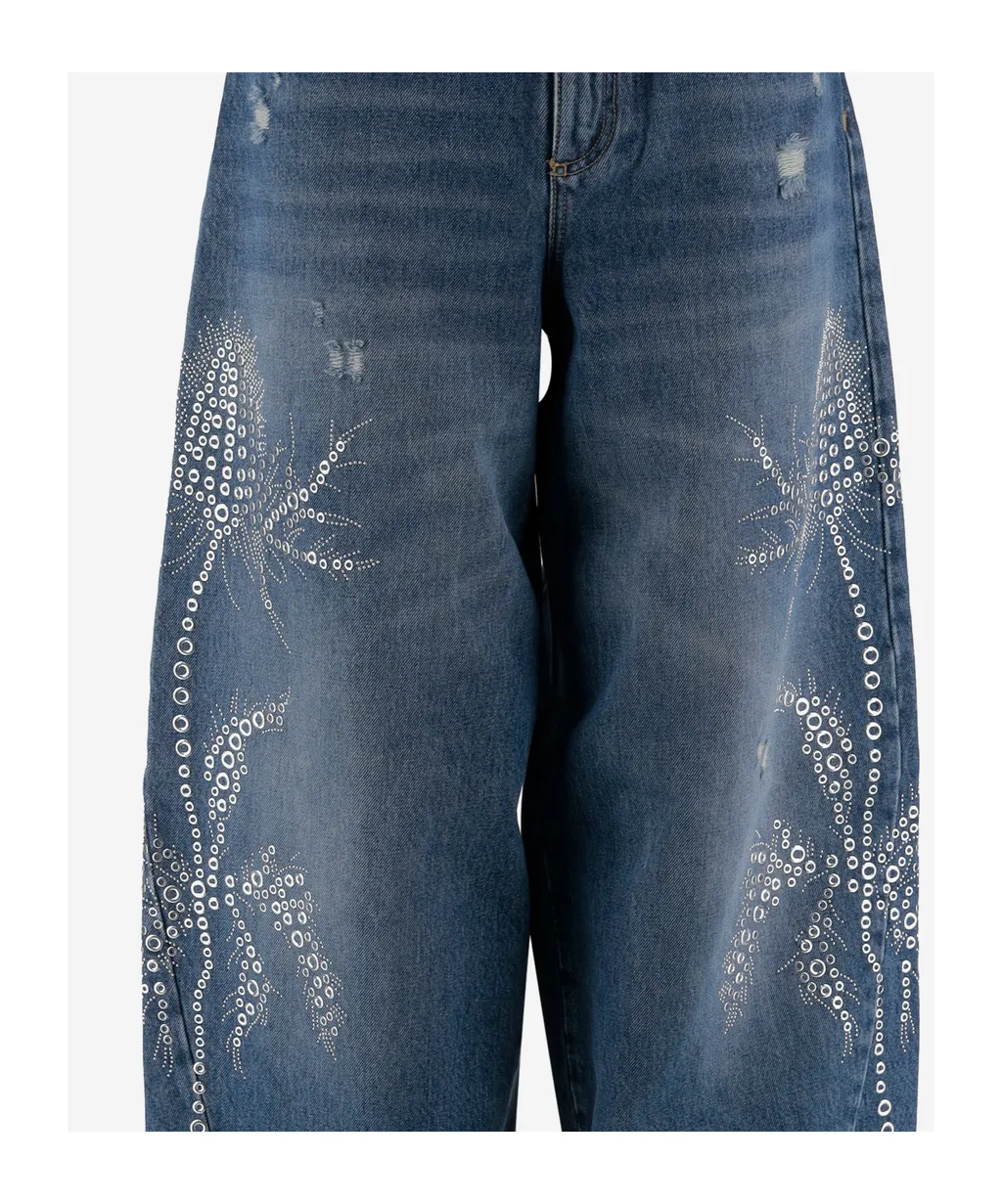 Wide-Leg Embellished Distressed Jeans