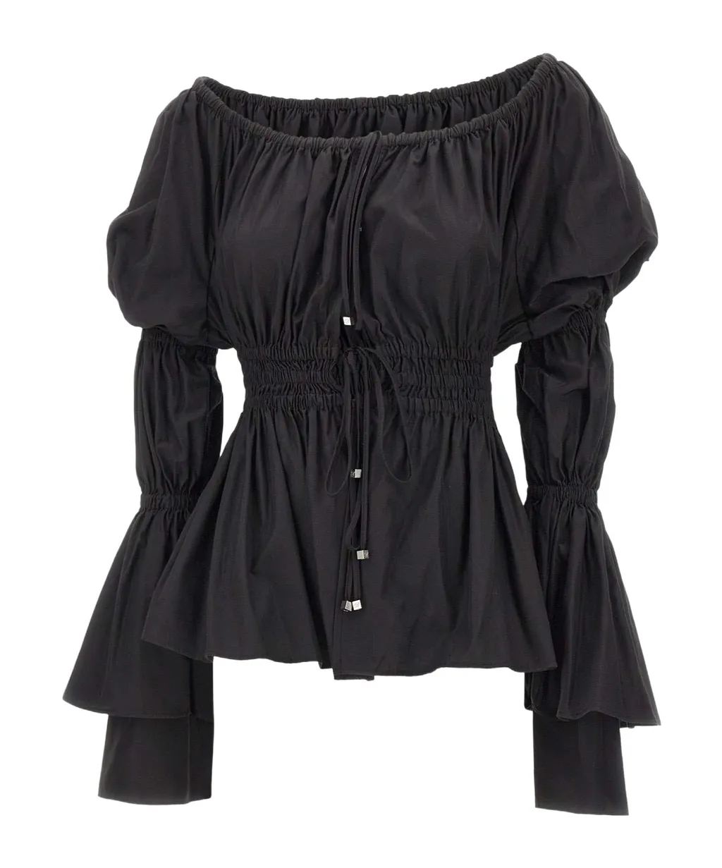 Off-Shoulder Ruffled Lace-Up Top
