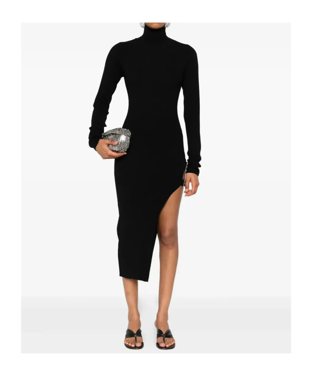 Ribbed Turtleneck Buckle-Detail Asymmetric Party Dress