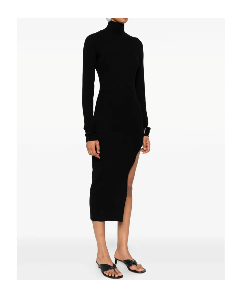 Ribbed Turtleneck Buckle-Detail Asymmetric Party Dress