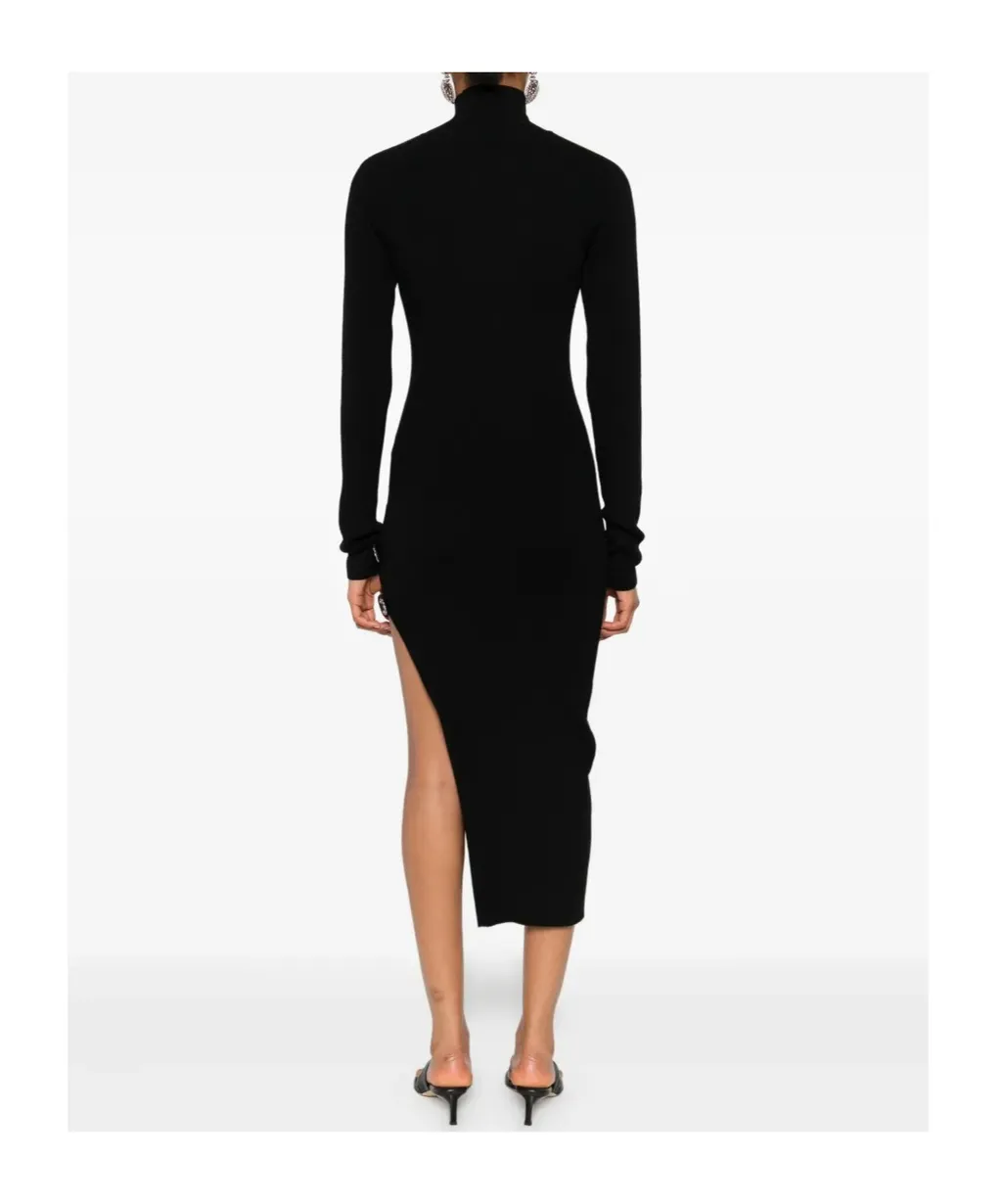 Ribbed Turtleneck Buckle-Detail Asymmetric Party Dress
