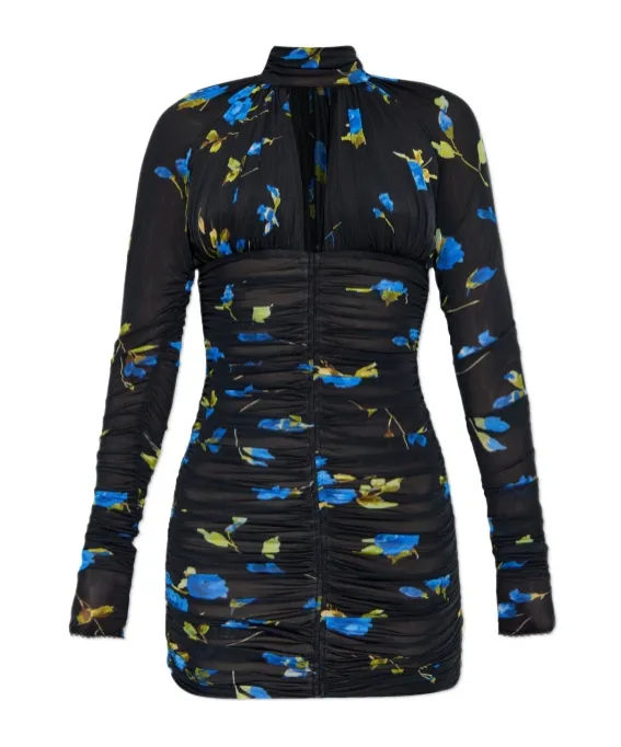 Ruched Keyhole Cut-Out Floral-Print Mini Dress