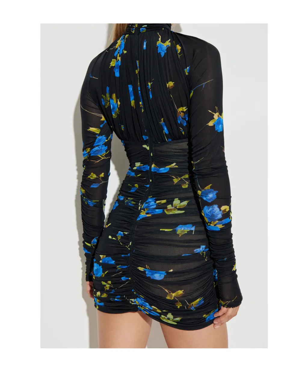 Ruched Keyhole Cut-Out Floral-Print Mini Dress
