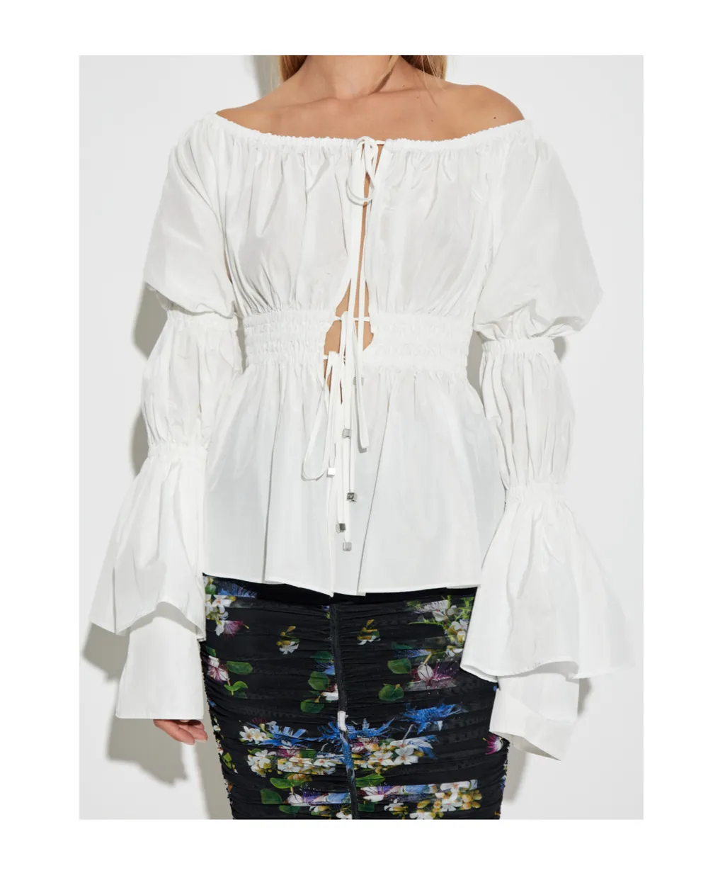 Off-Shoulder Ruffled Lace-Up Top