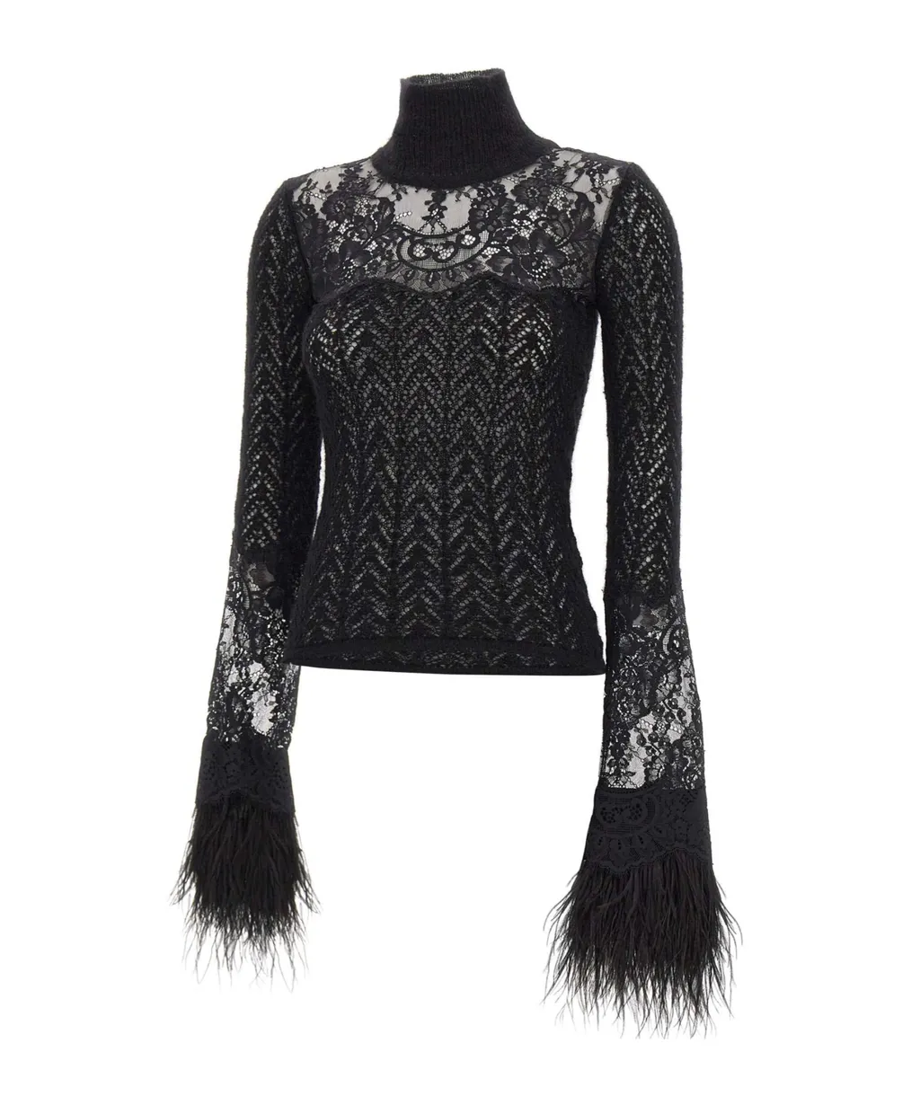Fringed-Cuff High-Neck Lace Panel Jumper