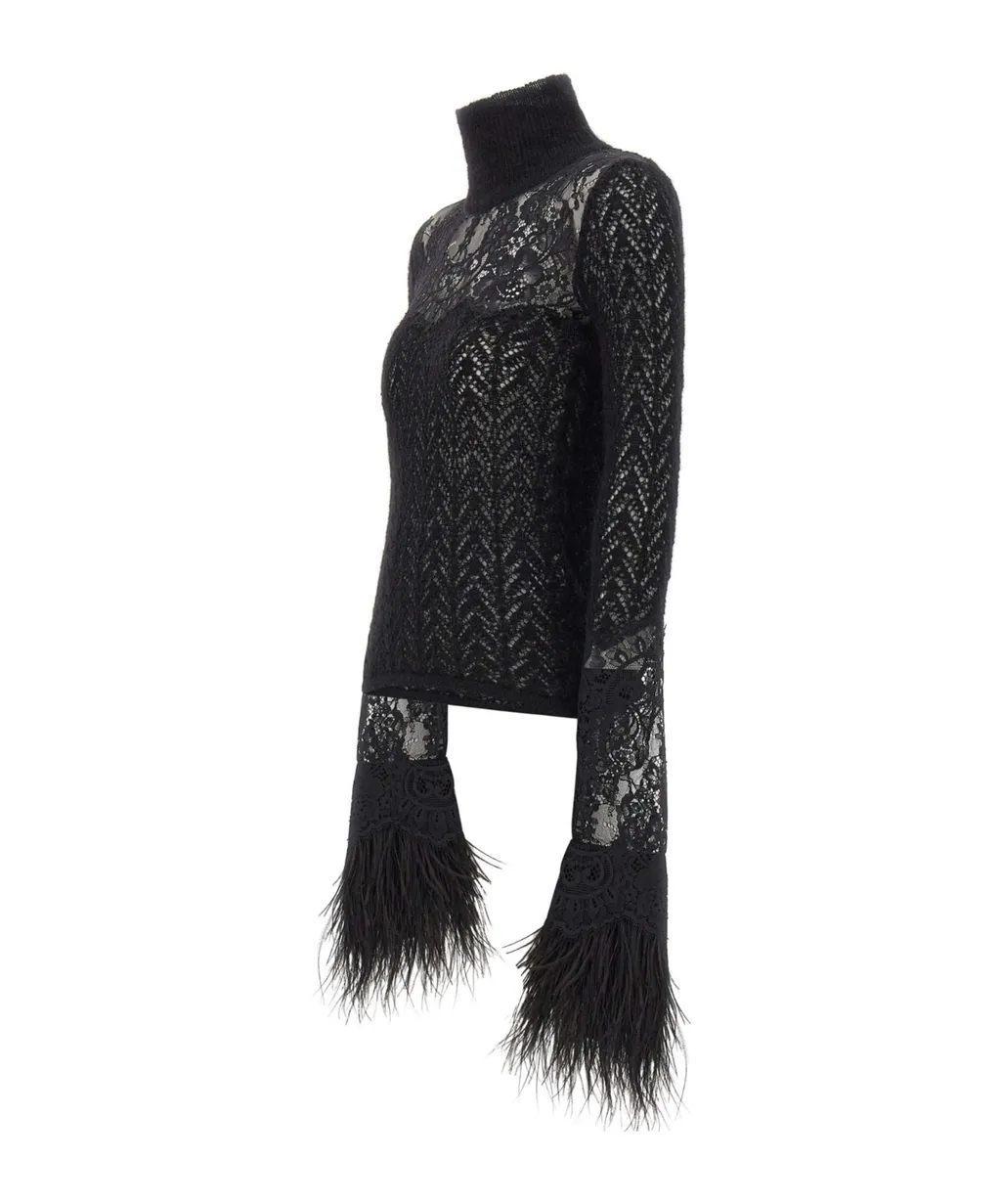 Fringed-Cuff High-Neck Lace Panel Jumper