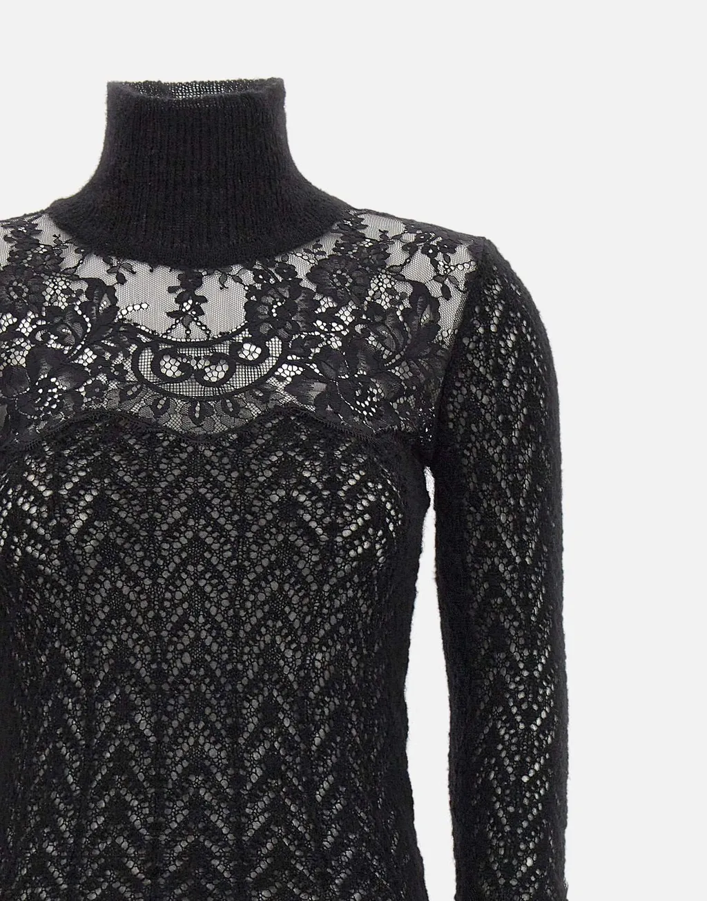 Fringed-Cuff High-Neck Lace Panel Jumper