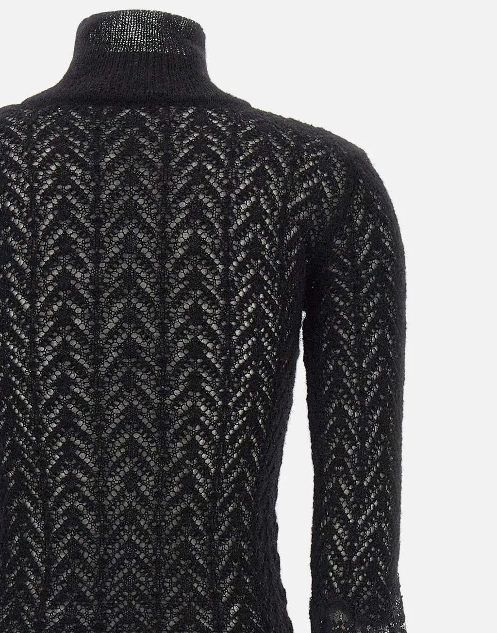 Fringed-Cuff High-Neck Lace Panel Jumper