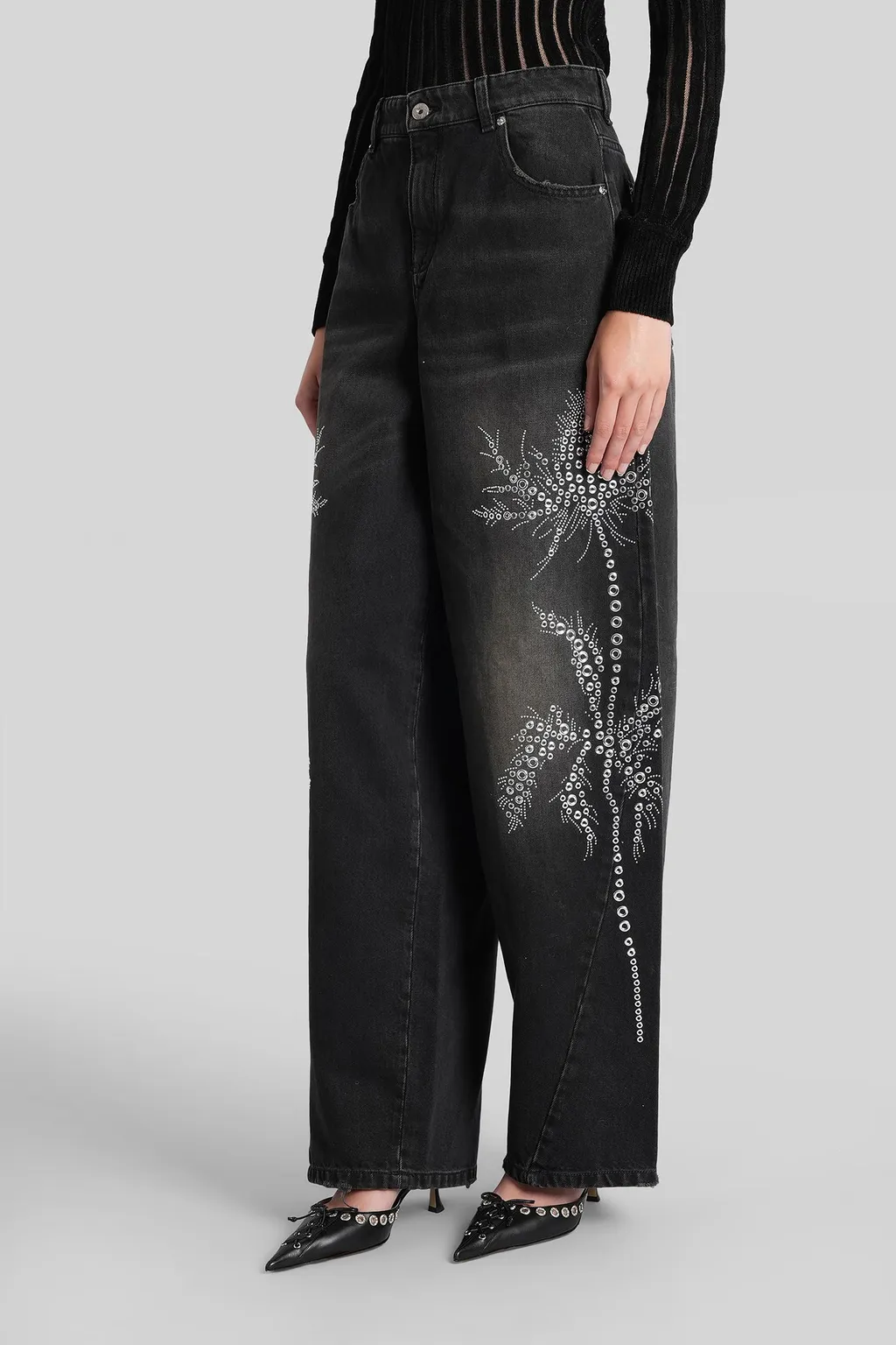 Wide-Leg Embellished Distressed Jeans