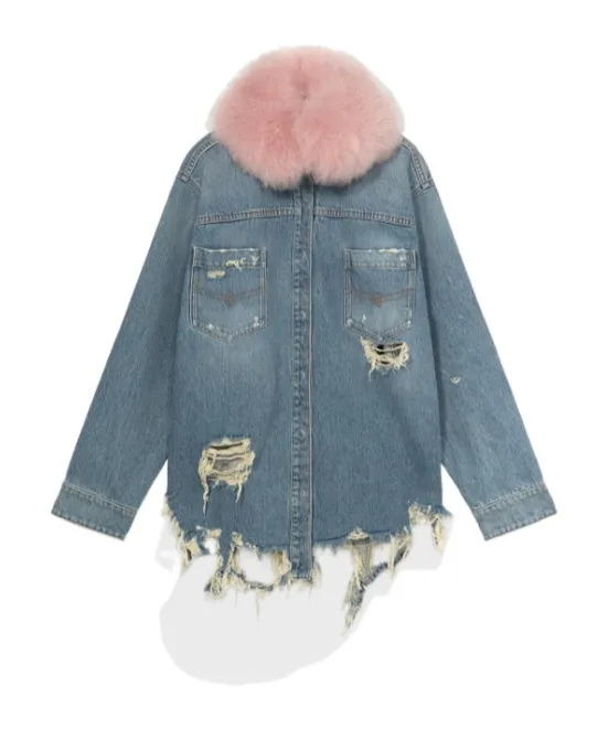 Faux Fur Collar Denim Distressed Shirt