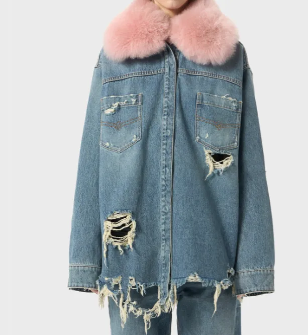 Faux Fur Collar Denim Distressed Shirt