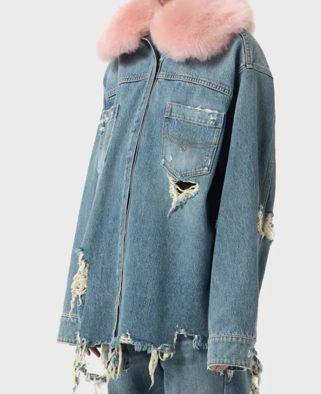 Faux Fur Collar Denim Distressed Shirt