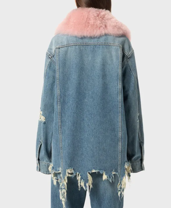 Faux Fur Collar Denim Distressed Shirt