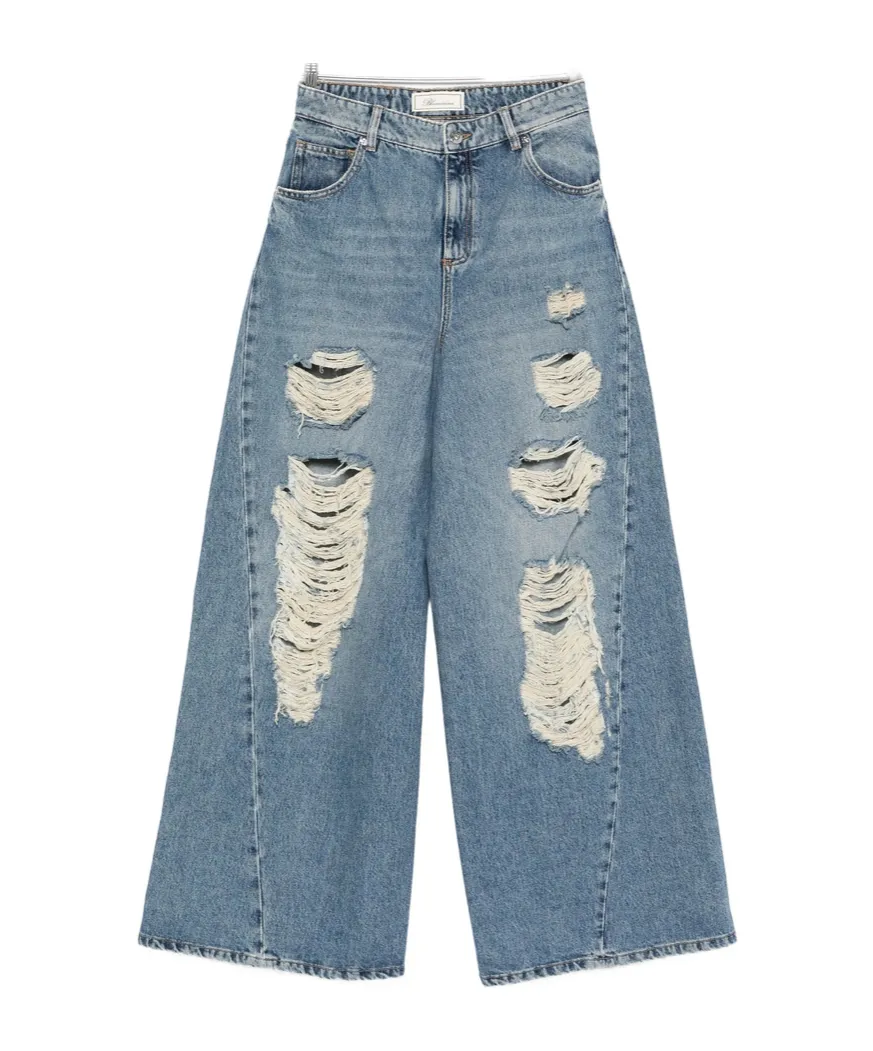 Wide-Leg Distressed Frayed Jeans